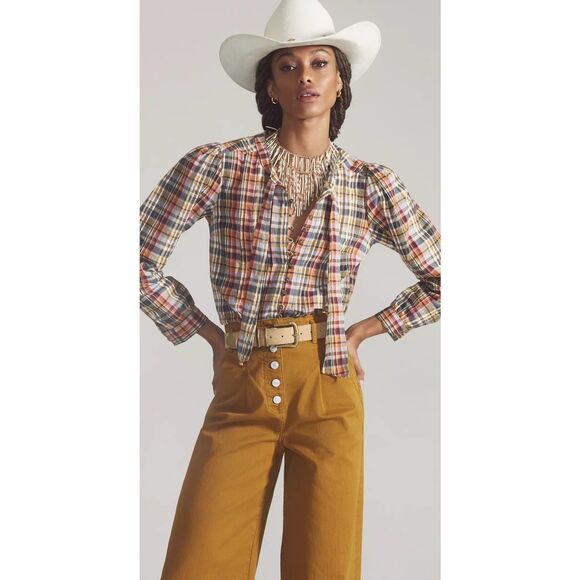 Pilcro Womens Plaid Tie Neck Button Front Long Sleeve Blouse Multicolor Small - Picture 1 of 11